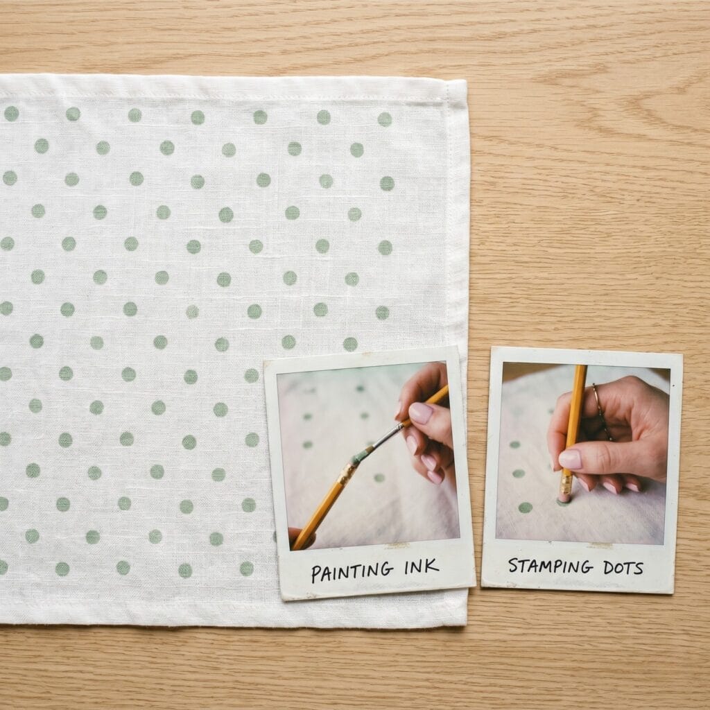 A playful white linen napkin covered in small sage green polka dots next to two separate process polaroids showing a single hand painting an eraser and then stamping it on the fabric at a pencil-eraser scale