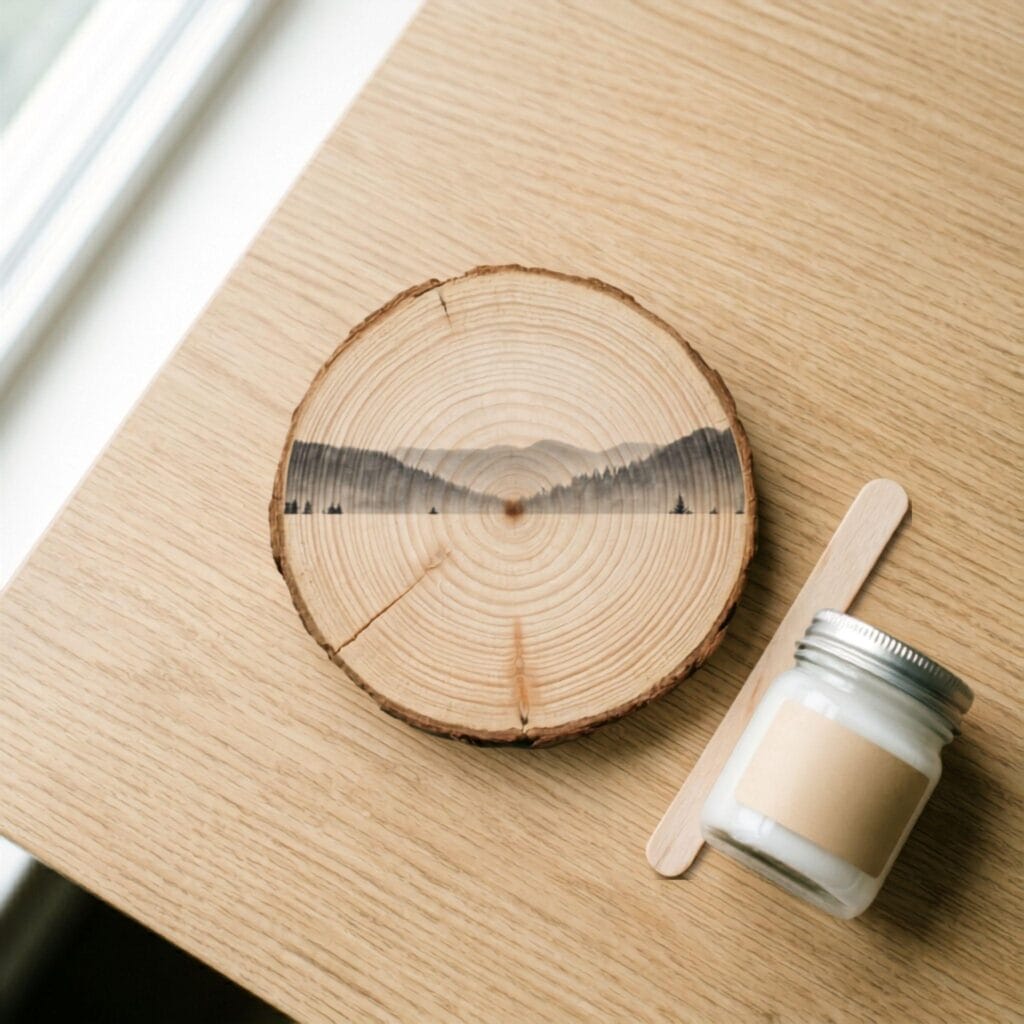 A raw wood slice coaster on a light wooden table, featuring a transferred misty mountain landscape on top and clean minimalist text reading 2026 on the bottom.