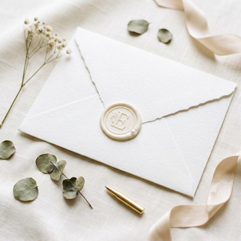 A highly refined cream custom wax seal featuring a single elegant pearl bead embedded seamlessly into the wax border.