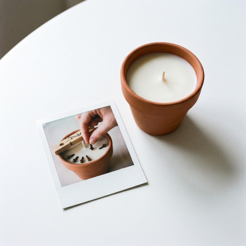 A soy candle inside a terracotta pot on a white table next to a polaroid showing a hand placing dried cloves onto cooling wax.