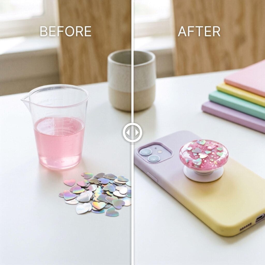 A before and after split-screen showing pastel pink resin and chunky holographic heart sequins on the left, and a finished retro Y2K glitter DIY resin phone grip on a pink phone case on the right.