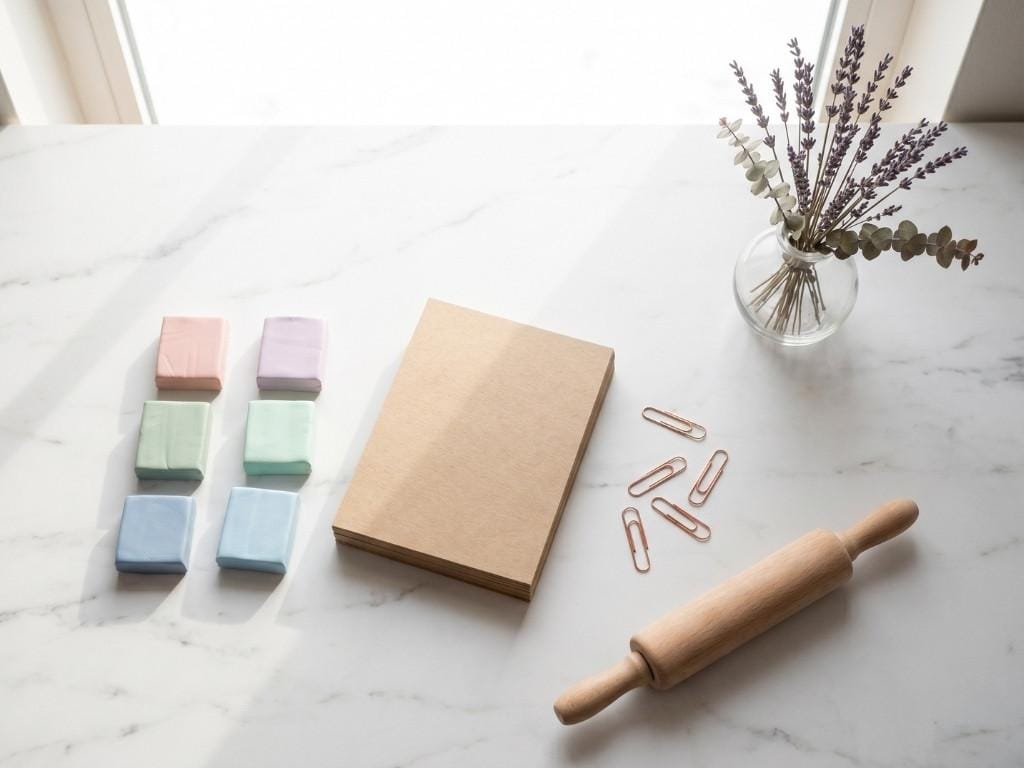 An overhead flatlay photo of pastel polymer clay blocks, kraft cardstock paper, and crafting tools on marble.