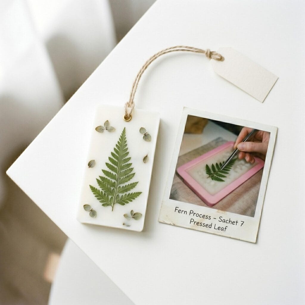 A minimalist white wax sachet with a pressed fern on a white table next to a polaroid showing a hand laying a fern leaf into a mold.