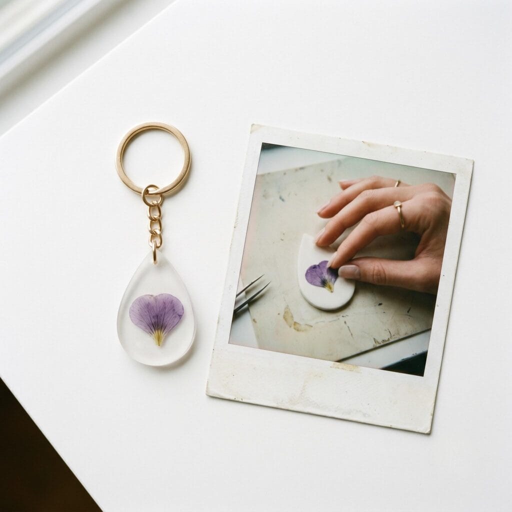 A translucent white clay teardrop keychain with an embedded purple viola flower on a white table next to a polaroid showing a hand placing a flower petal.