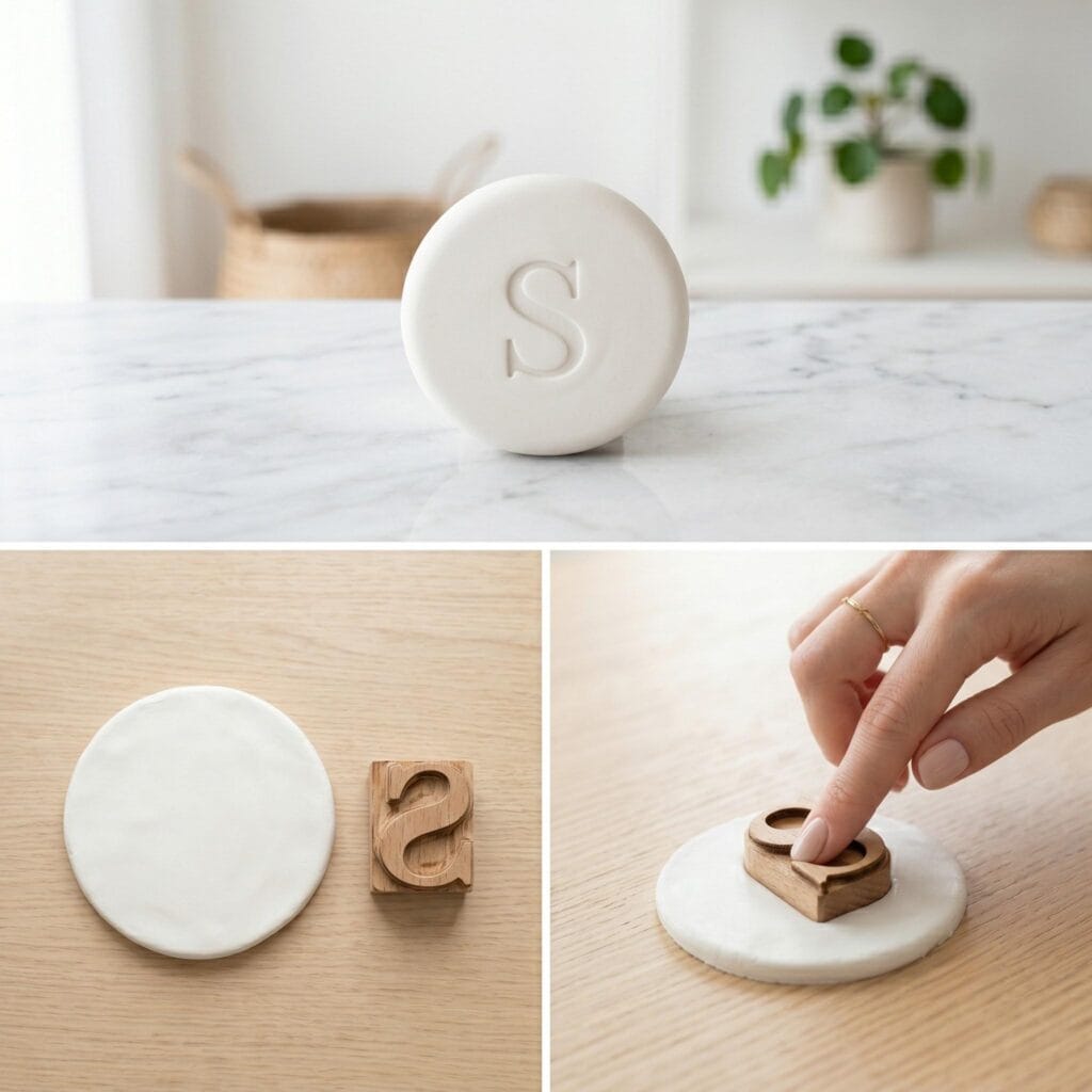 Thick round white clay diffuser stone deeply stamped with a personalized monogram letter.