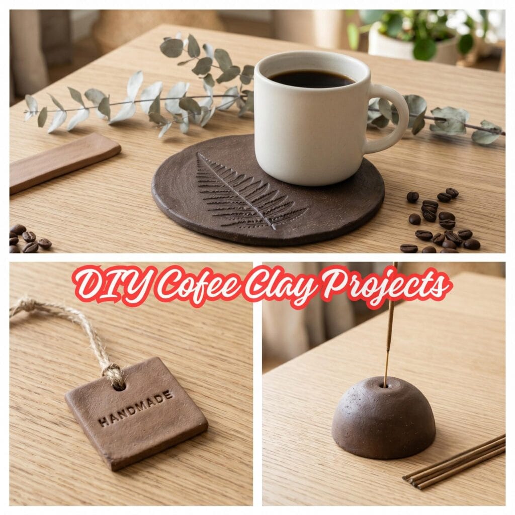A 3-panel craft tutorial collage showing coffee clay coasters, stamped tags, and an incense holder on a wooden table.