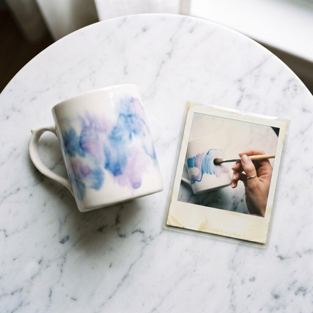 A white ceramic mug featuring a dreamy blurred watercolor-style ink wash on a white table next to a polaroid showing a hand blurring the ink.