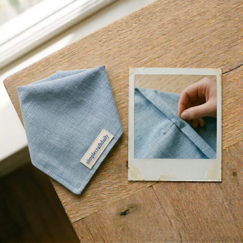 A light blue chambray dog bandana with a woven brand label next to a vintage polaroid showing a single hand smoothly folding and pinning the chambray cloth.