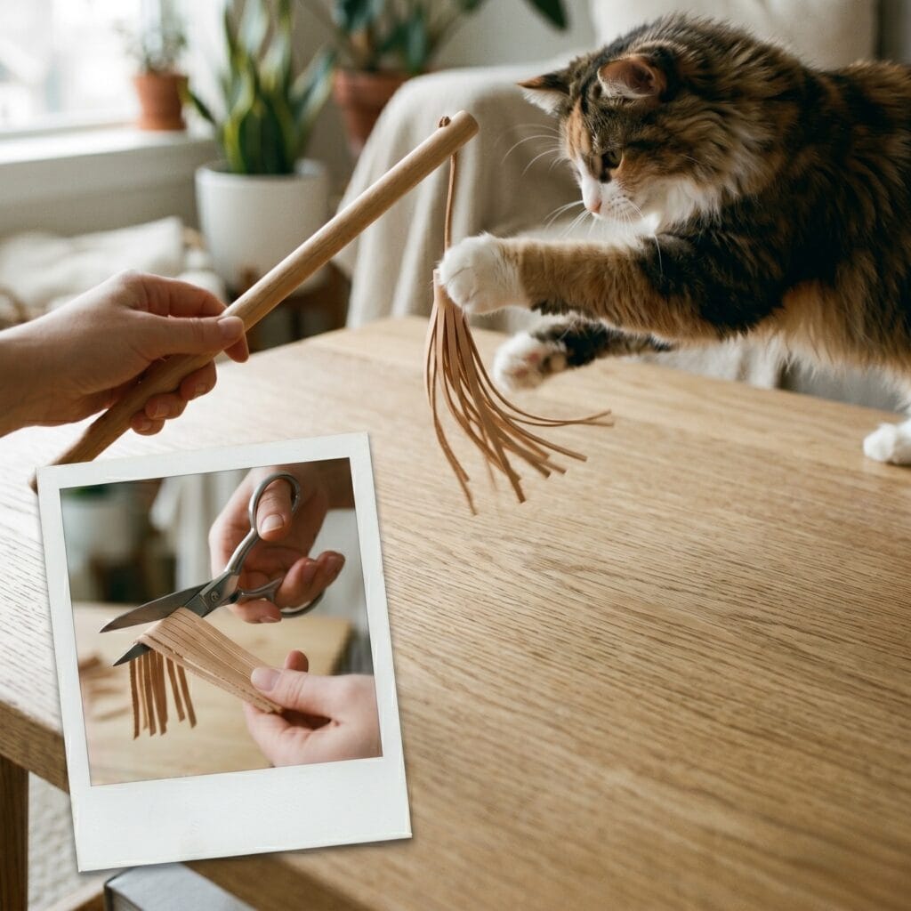 A handmade cat teaser toy with leather tassels on an oak table next to a vintage polaroid snapshot capturing a hand cutting leather strips with craft scissors.
