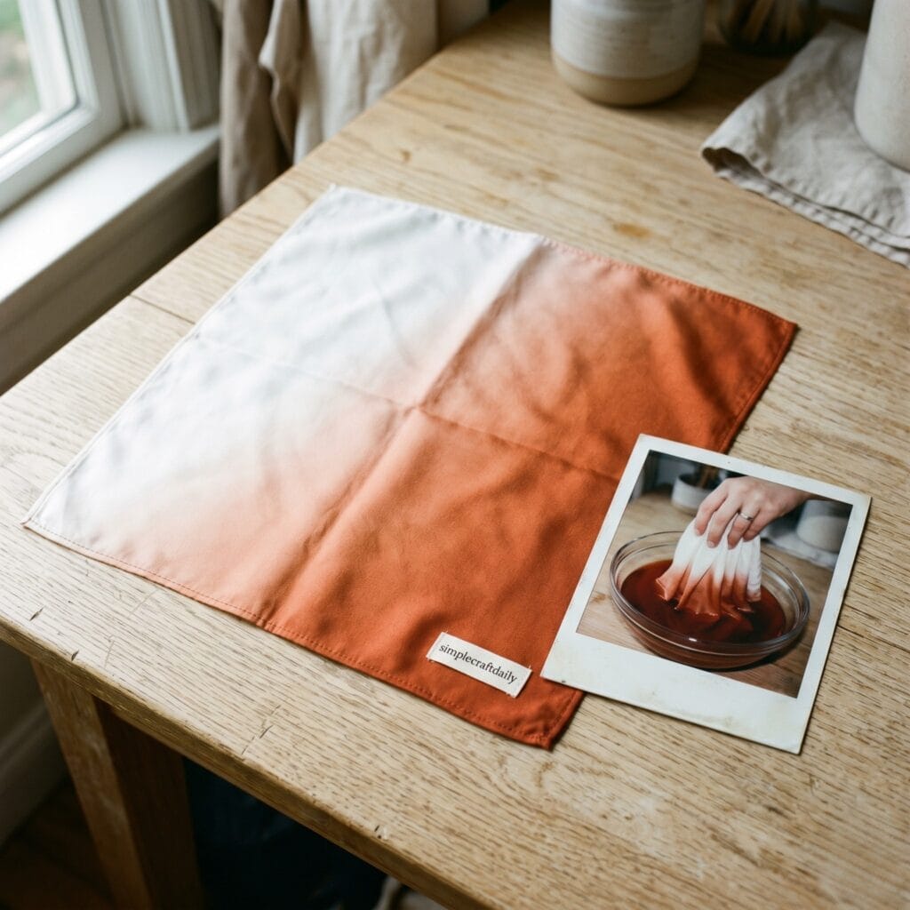 A lightweight silk bandana fading from white to deep terracotta orange next to a polaroid photo showing a single hand dipping the fabric edge into a bowl of liquid dye.