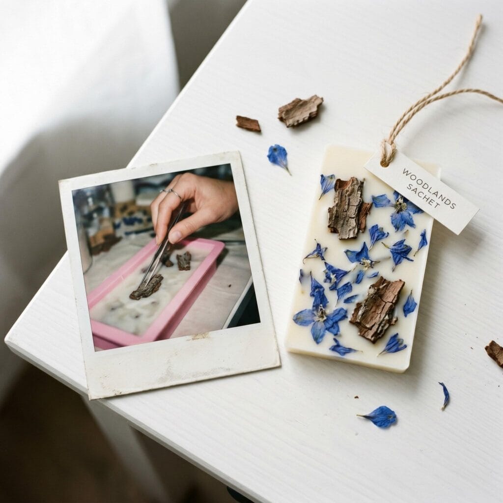 A sophisticated woodsy wax sachet on a white table next to a polaroid showing a hand pressing tree bark into a silicone mold.