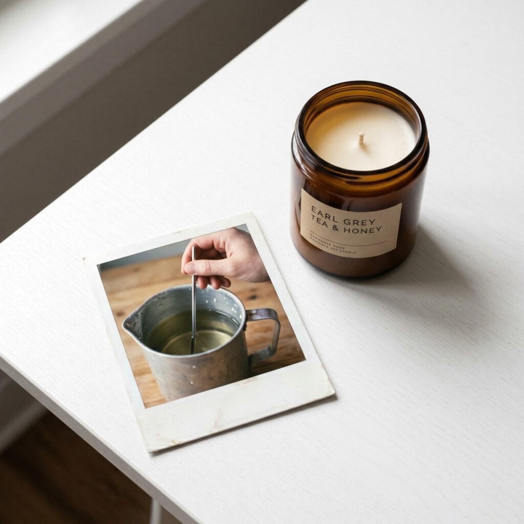 An amber jar candle on a white table next to a polaroid showing a hand checking the wax temperature with a stainless steel thermometer inside a metal pitcher.