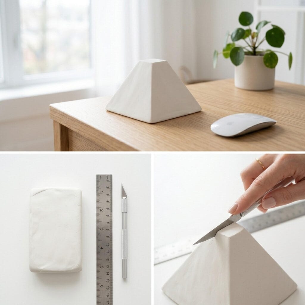 Modern 3D flat-topped pyramid made of smooth white clay sitting on a wooden office desk.