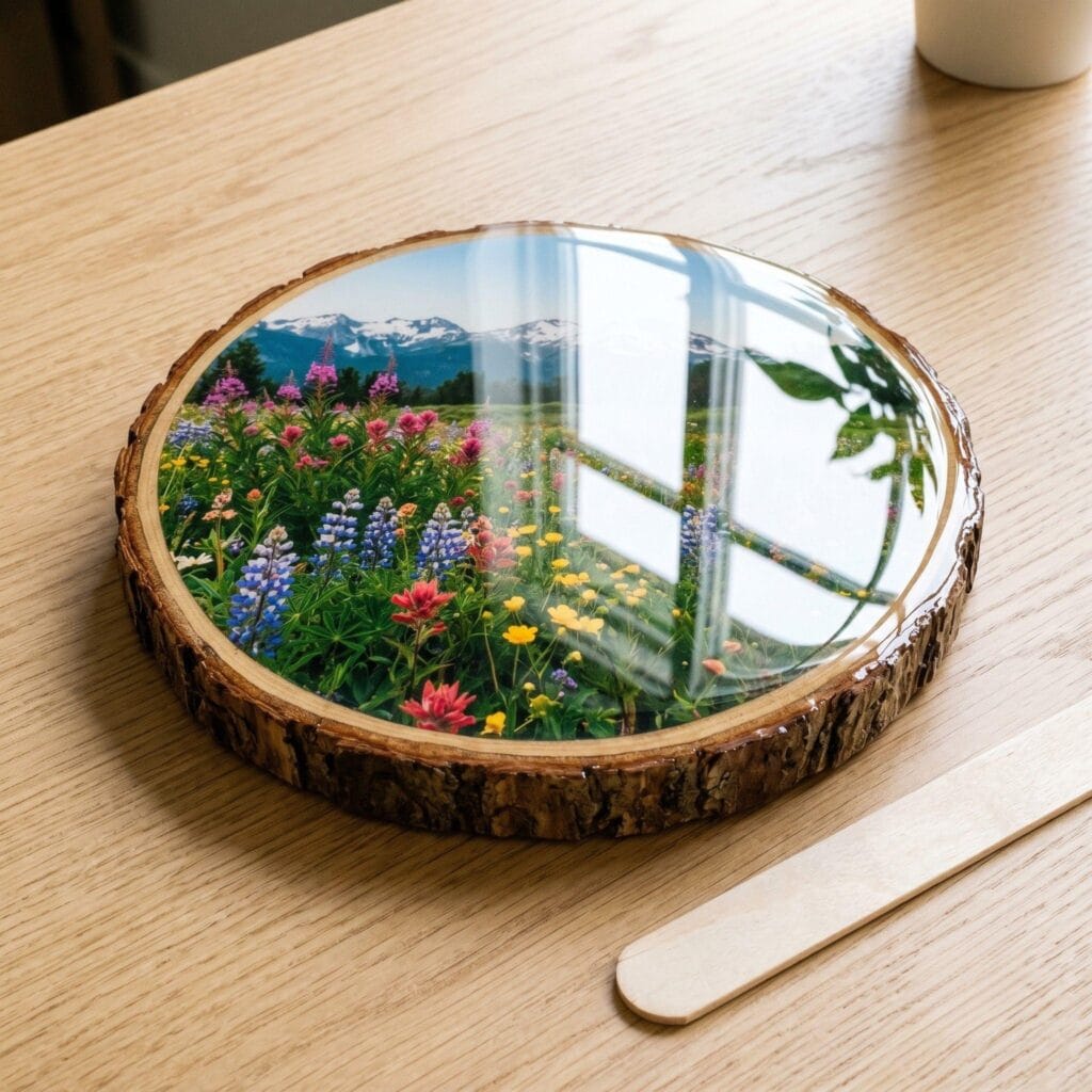 A close-up of a raw wood slice coaster with a vivid blooming mountain meadow photo transfer, covered in a flawless high-gloss clear epoxy resin reflecting window light.