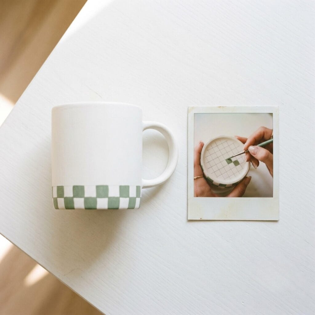 A white ceramic mug featuring a sage green retro checkerboard pattern around its base next to a polaroid showing a hand filling a square.