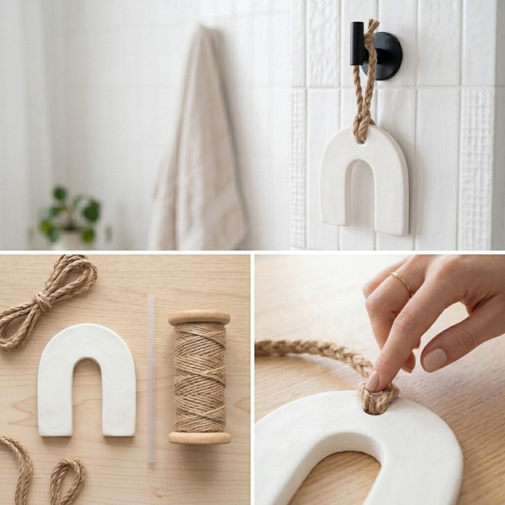 Bohemian style white clay arch diffuser suspended by a thick braided natural jute cord.