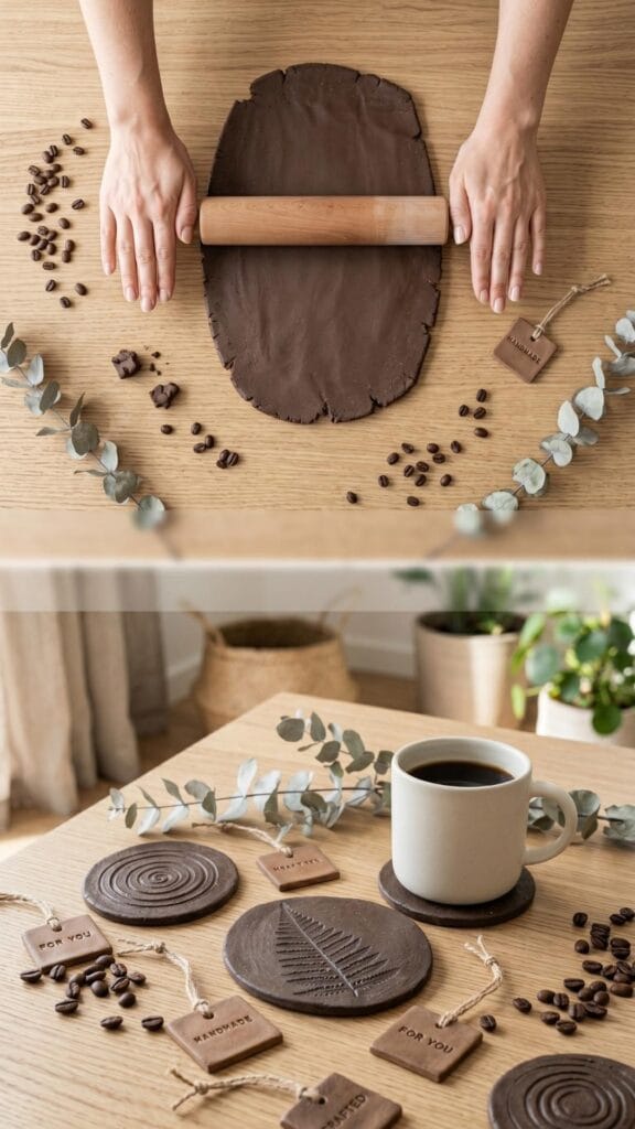 A 2-panel vertical layout showing hands rolling coffee clay on top and a fully styled coffee coaster setup on the bottom.
