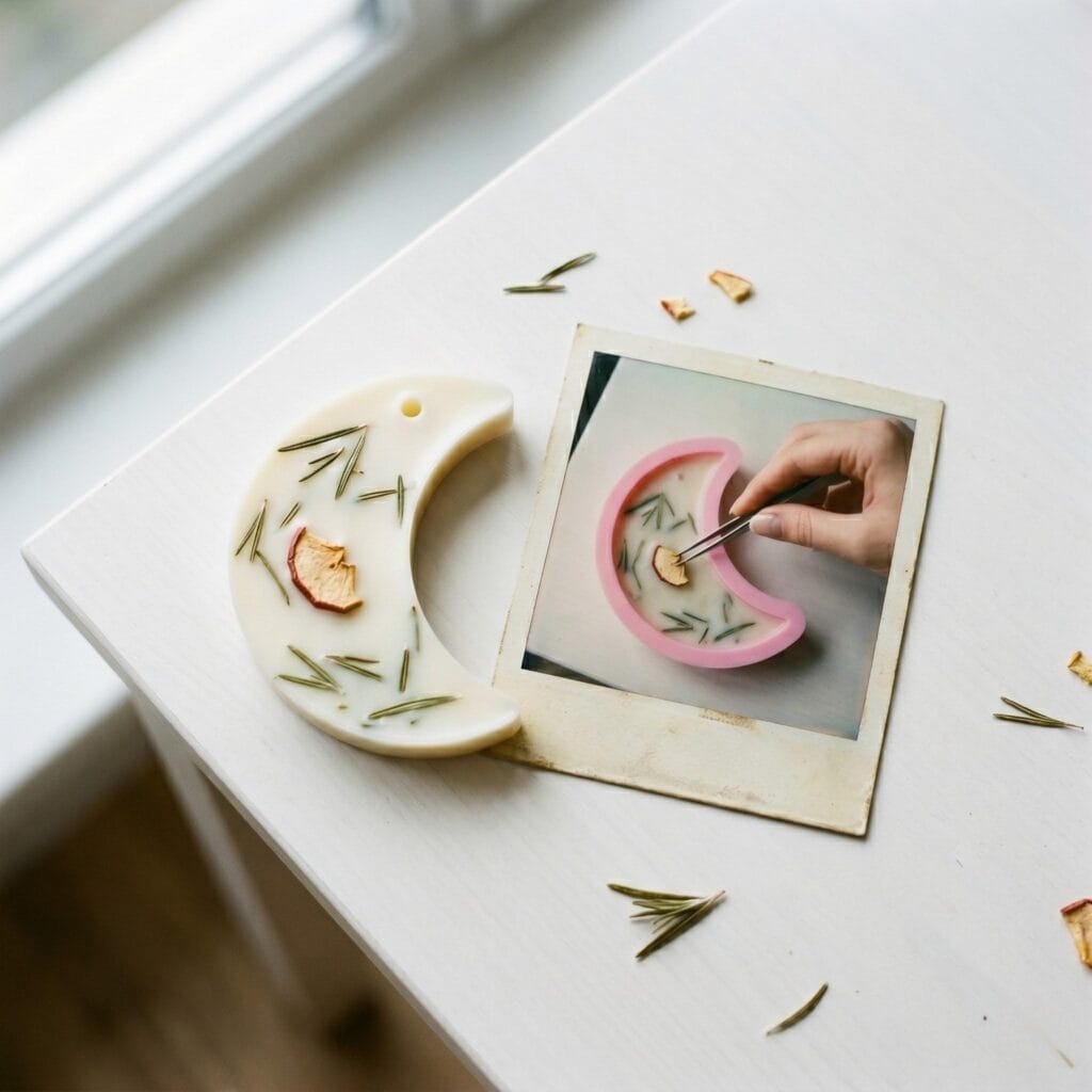 A crescent-shaped wax sachet on a white table next to a polaroid showing a hand placing a dried apple slice into a silicone mold.
