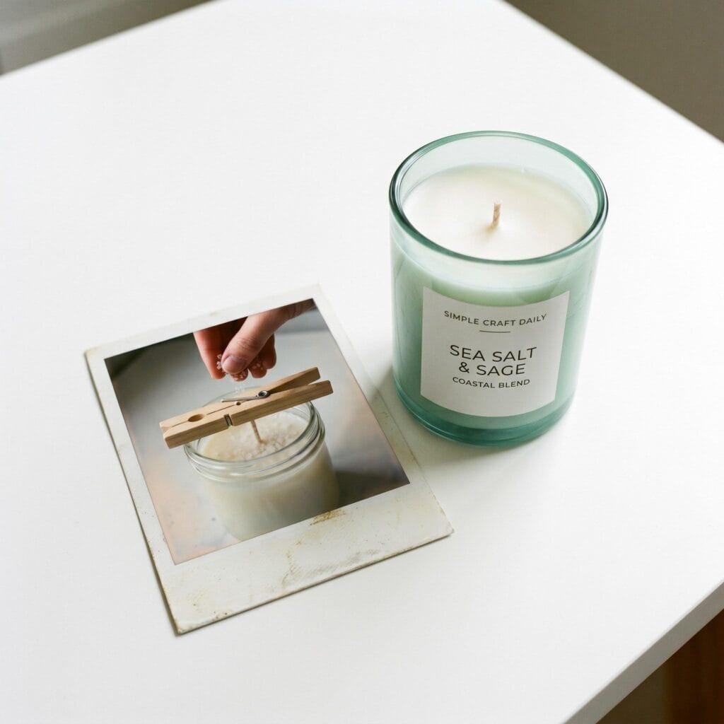 A sea-foam green jar candle on a white table next to a polaroid showing a hand sprinkling coarse sea salt over semi-solid white wax.