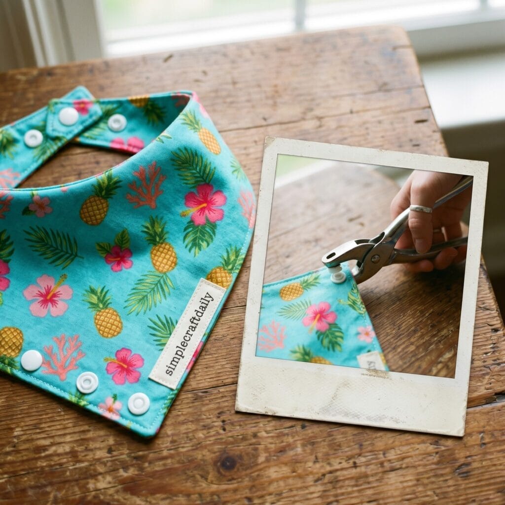 A tropical summer print dog bandana with white plastic snaps and a simplecraftdaily label next to a polaroid showing a hand using snap pliers on the fabric corner.