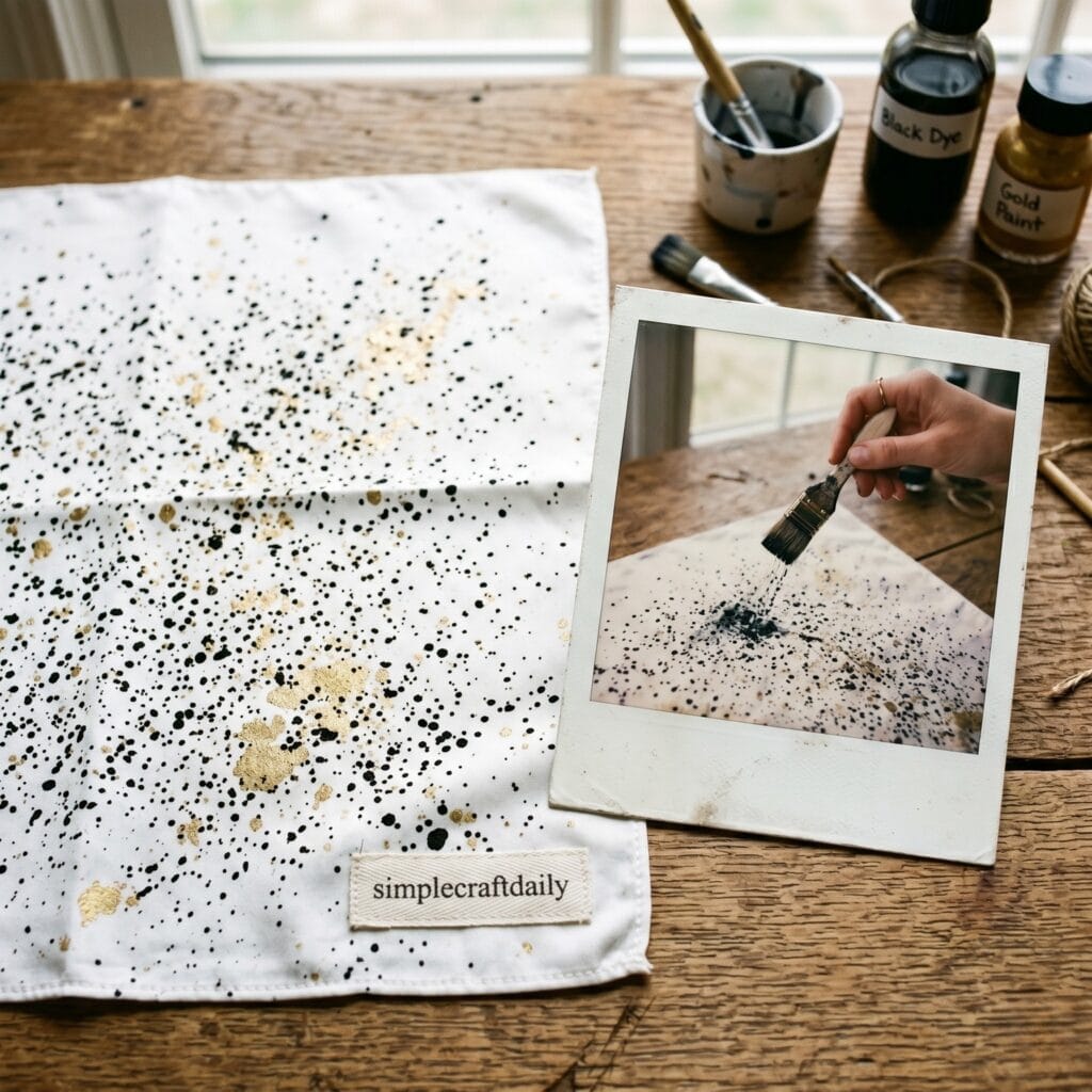 A modern white silk bandana covered in fine black and gold paint splatters next to a polaroid photo showing a single hand flicking black dye from a stiff brush.