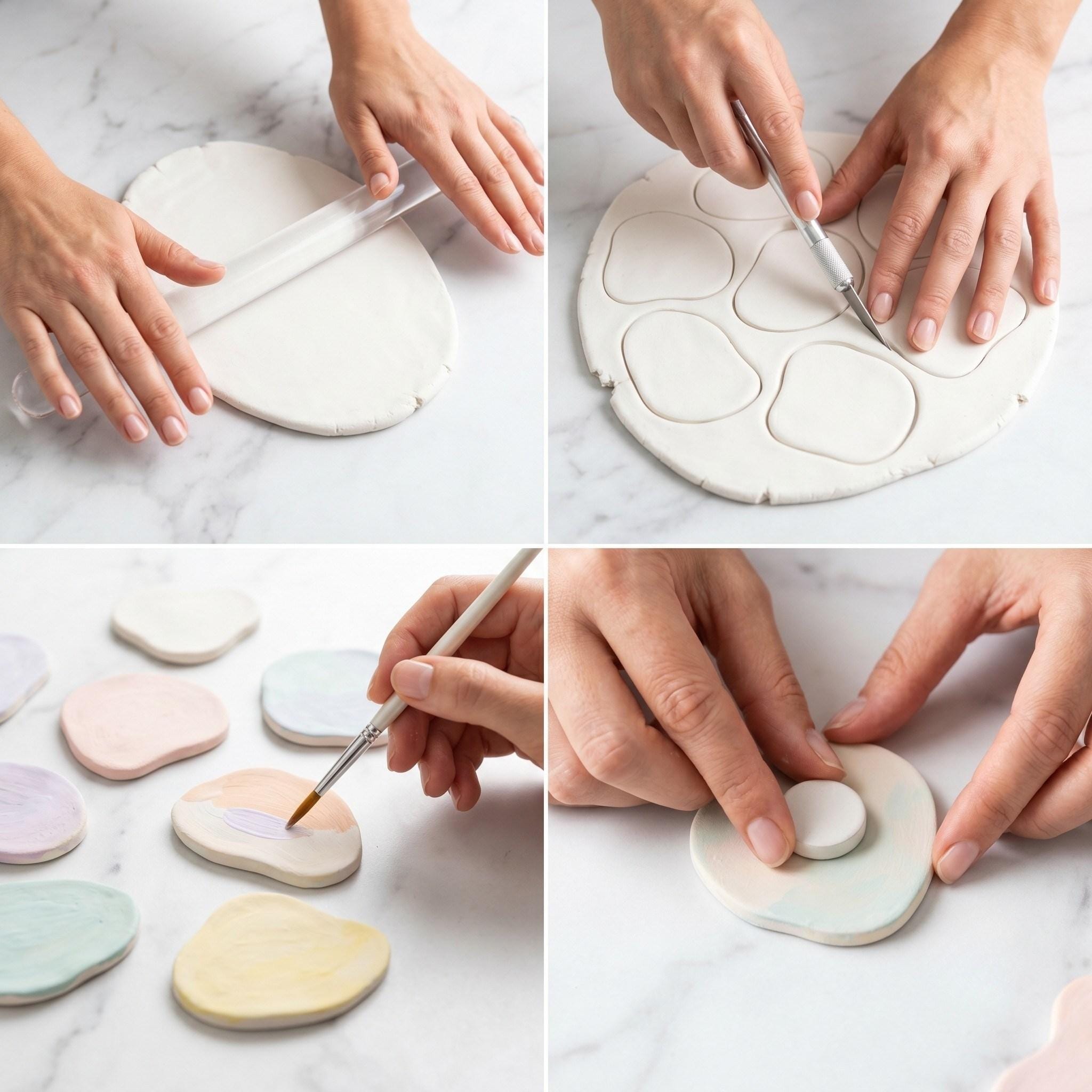 A 4-panel step-by-step DIY collage showing clay rolling, knife cutting, acrylic painting, and pressing a ceramic magnet into the backing.