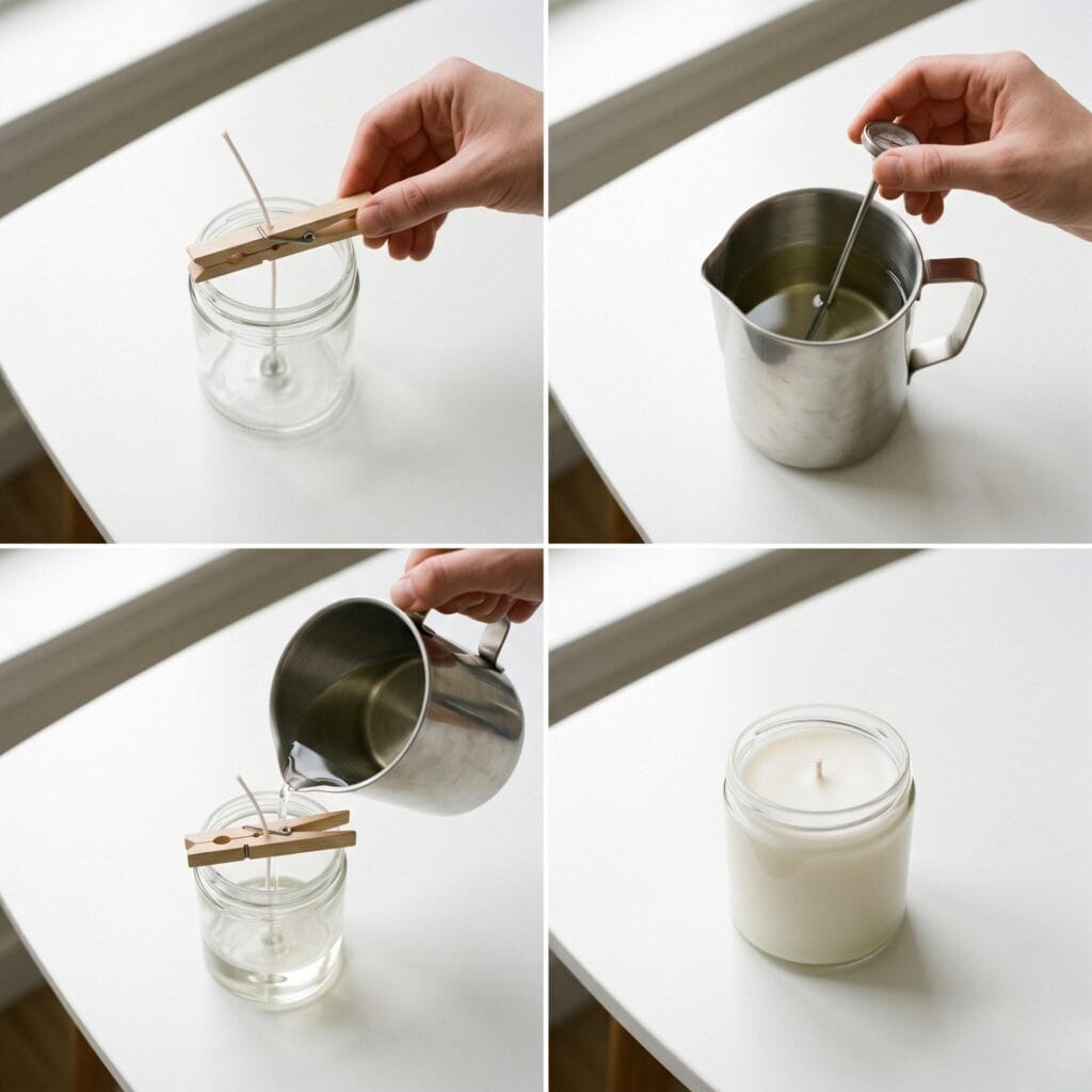 A four-step visual guide showing wick placement, temperature checking, pouring the wax, and the finished white soy candle on a modern white table. Step-by-Step Guide: How to Make DIY soy candles.