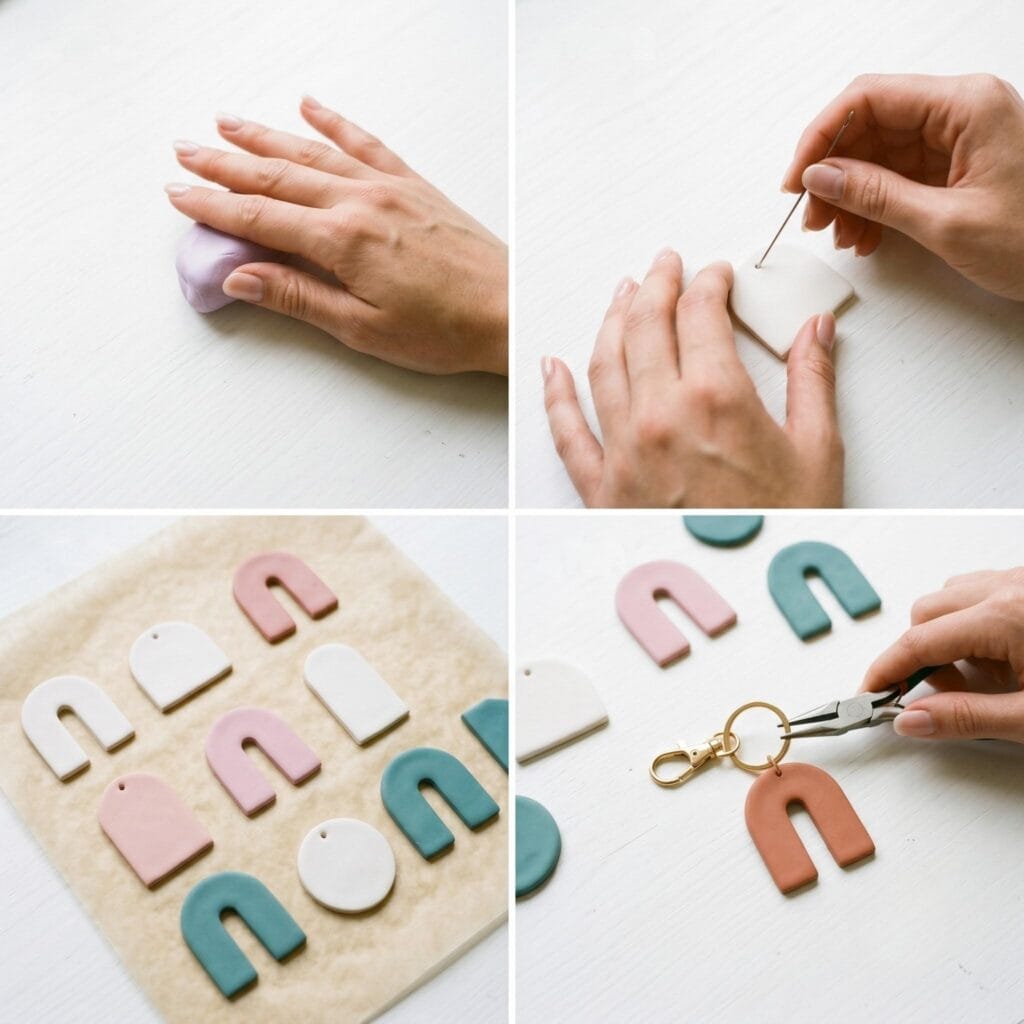 A four-step visual guide grid showing a hand conditioning clay, piercing a hole, baked shapes on paper, and pliers attaching a gold ring to an arch.
