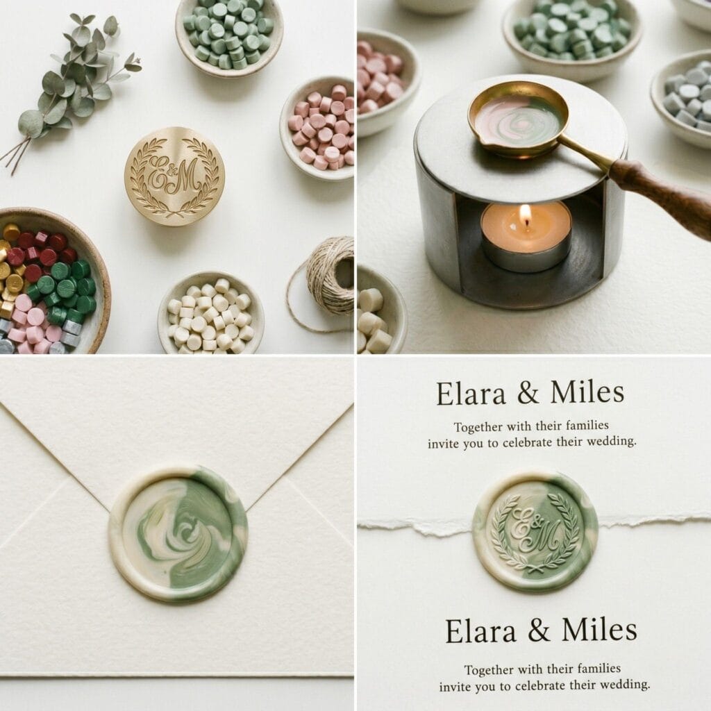 A 4-step visual guide grid showing the process of making custom wax seals: raw beads, melting wax over a furnace, a hot wax pool, and the final stamped seal.