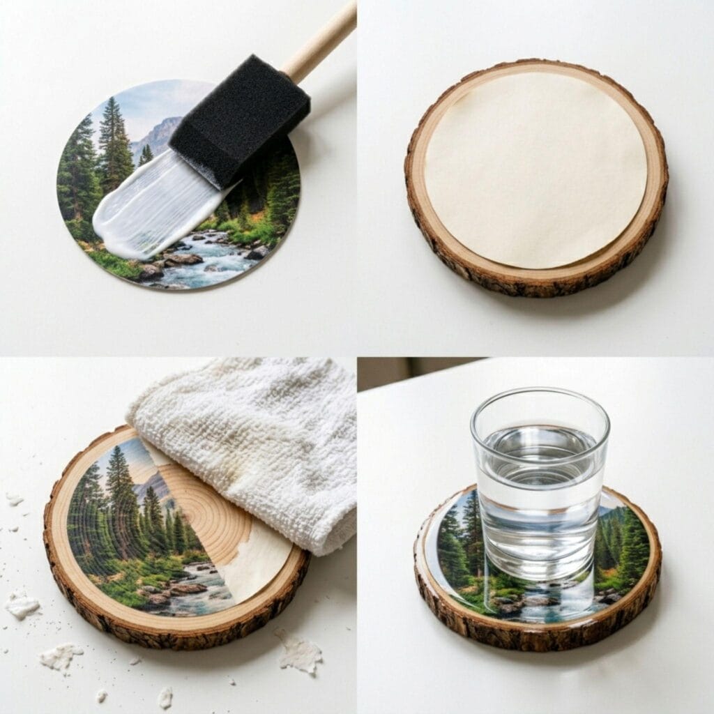 A 4-step visual guide grid showing a clean foam brush spreading glue on a photo, a photo placed face-down on wood, a wet washcloth revealing a color landscape print, and a glass of water on a glossy finished coaster.