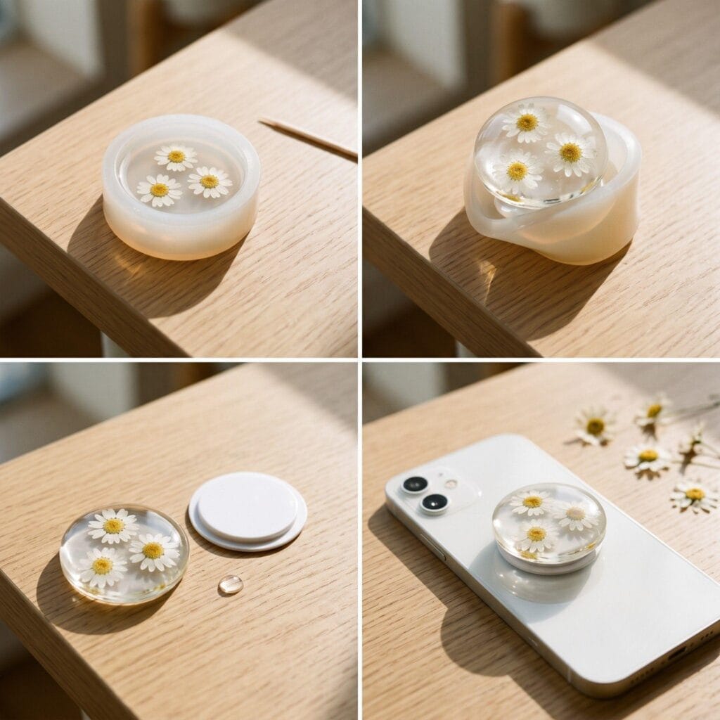 A 4-panel visual guide showing liquid resin poured into a small domed mold with daisies, the cured resin popping out of the mold, the resin piece next to a blank base, and the finished DIY resin phone grip on a white phone.