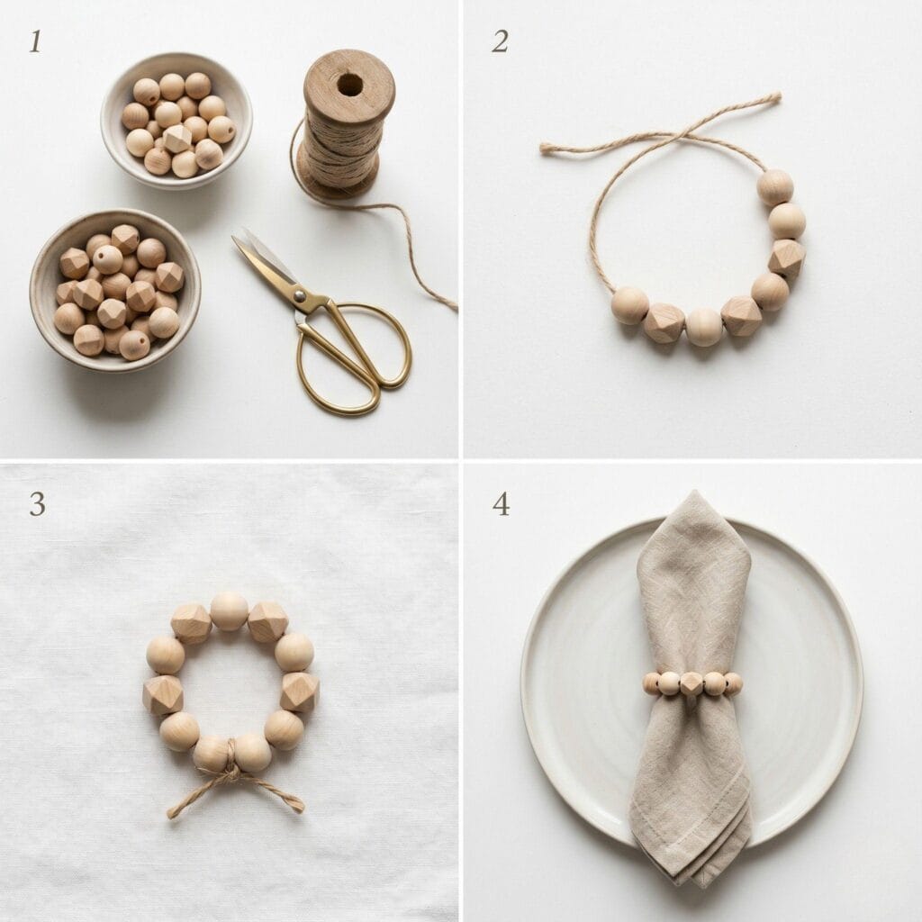 A seamless 2x2 visual guide grid showing organized large-hole beads, a loop with a small knot detail, finished napkin rings on a napkin, and elegant rings styled on a ceramic dinner plate.