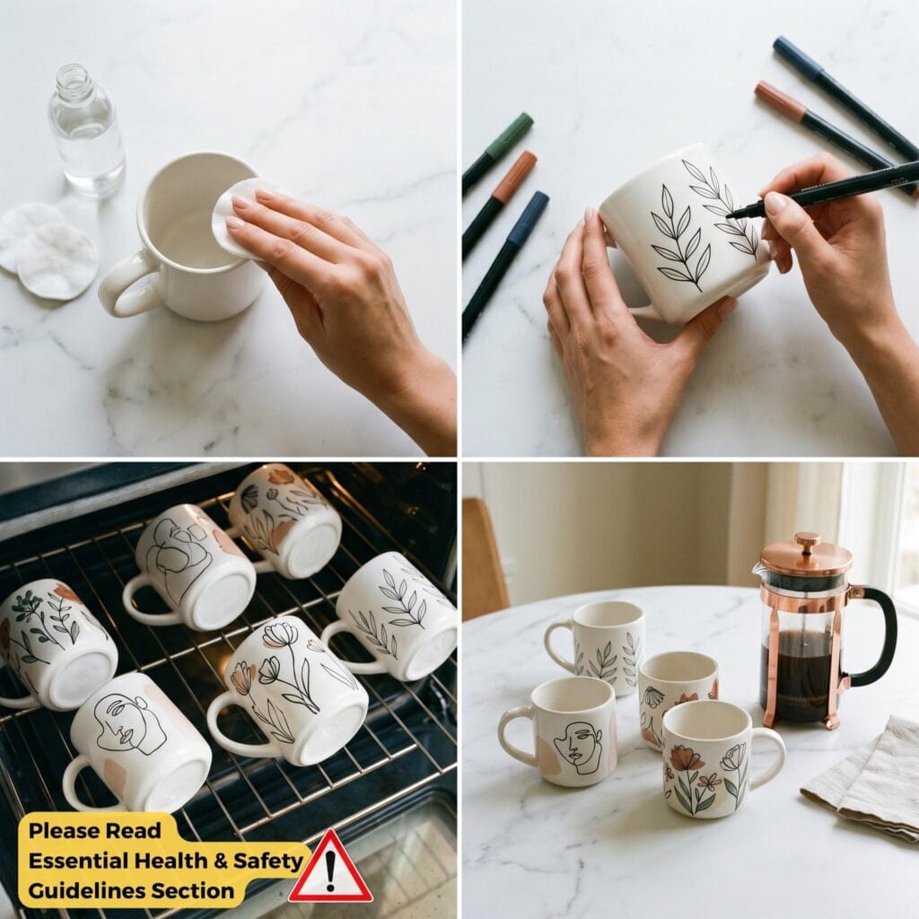 A four-step visual guide grid showing a hand wiping a mug, drawing a pattern, baked mugs in an oven, and finished styled mugs.