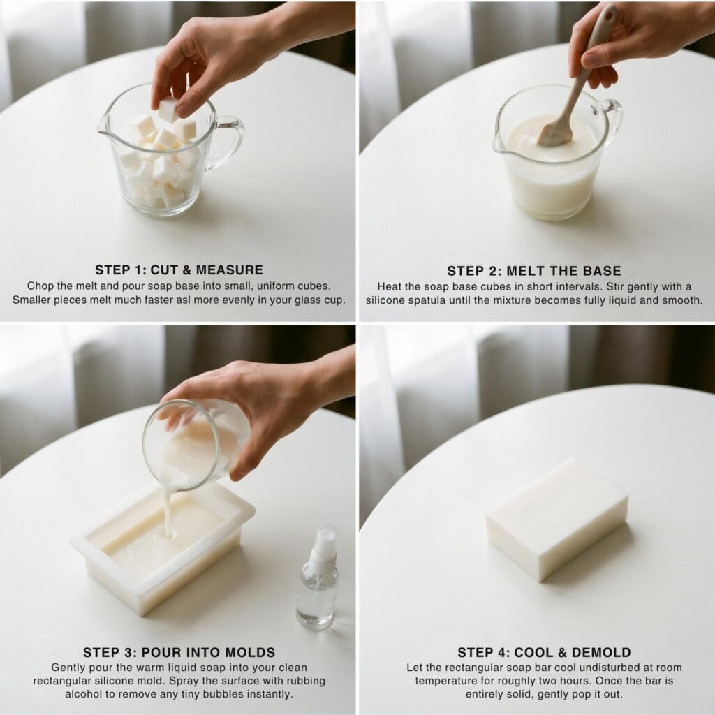 A four-step visual guide grid showing soap base cubes in a cup, stirring liquid soap, pouring into a rectangular mold, and a finished rectangular soap bar. hand poured soaps.