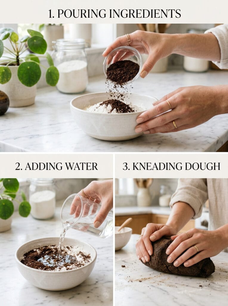 A 3-panel step-by-step tutorial image titled Pouring Ingredients, Adding Water, and Kneading Dough, showing a woman's hands crafting DIY coffee clay on a bright marble surface.