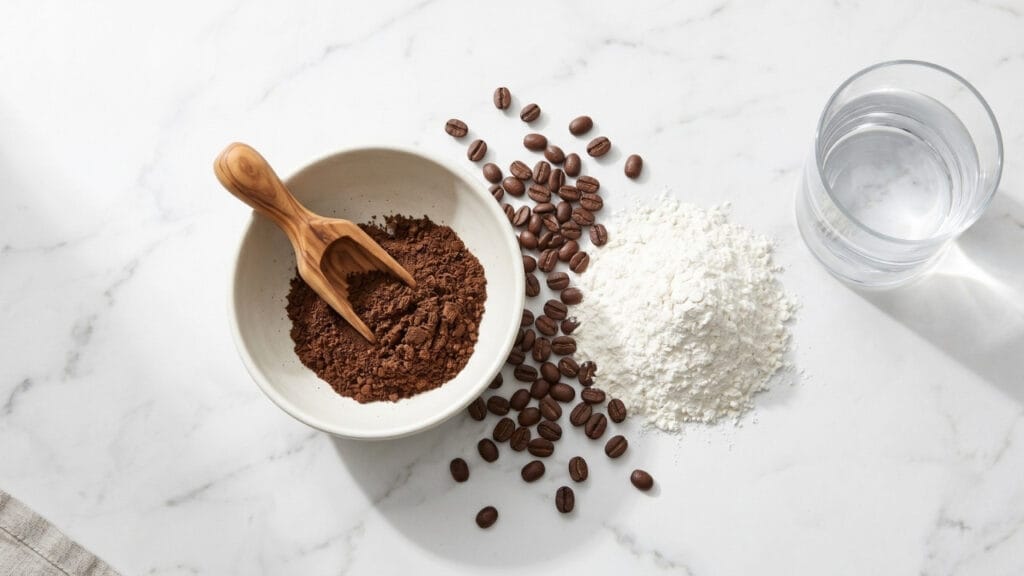An overhead flatlay photograph of raw ingredients for a DIY coffee clay recipe, including dry coffee grounds in a ceramic bowl, a pile of white flour, scattered coffee beans, and a glass of water on marble.