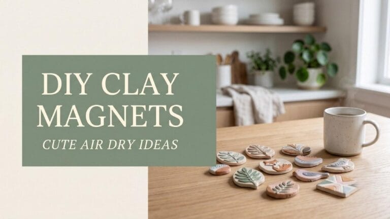 Beautifully arranged handmade clay magnets spread on an oak table next to a sage green text block reading DIY CLAY MAGNETS.