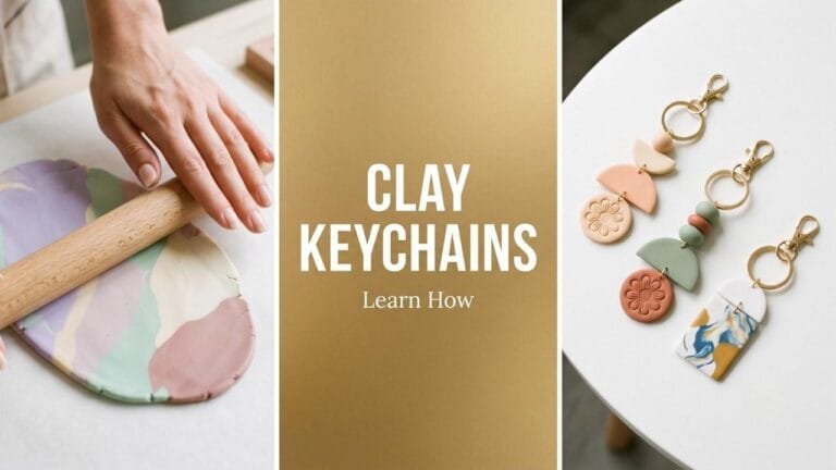 A wide three-panel banner showing a hand rolling out pastel clay, a gold block reading CLAY KEYCHAINS, and finished clay keychains on a table.