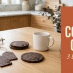 Earthy coffee clay crafts on a kitchen counter with a terracotta text overlay reading DIY COFFEE CLAY.