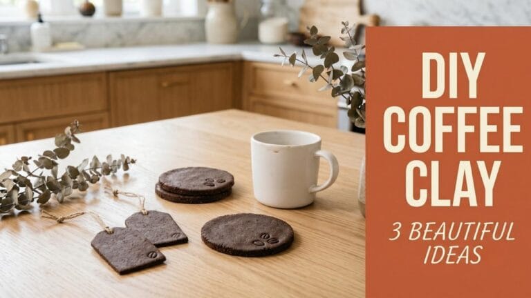 Earthy coffee clay crafts on a kitchen counter with a terracotta text overlay reading DIY COFFEE CLAY.