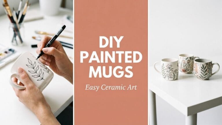 A wide three-panel banner showing a hand drawing a botanical leaf on a mug, a terracotta block reading DIY PAINTED MUGS, and finished mugs.