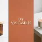 A three-panel wide banner showing a hand pouring wax into an amber jar, a terracotta block reading DIY SOY CANDLES, and two finished candles burning on a white table.