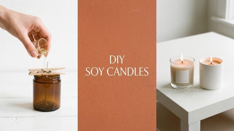 A three-panel wide banner showing a hand pouring wax into an amber jar, a terracotta block reading DIY SOY CANDLES, and two finished candles burning on a white table.