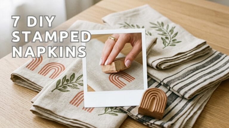 A wide blog featured banner with text reading 7 DIY STAMPED NAPKINS displaying a modern tablescape of terracotta arches olive branches and charcoal striped napkins on an oak table with a single polaroid snapshot