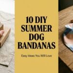 A wide three-panel blog banner featuring a close-up of hand-stamping linen on the left, a geometric bandana on the right, and a soft mustard yellow center block with bold black typography reading 10 DIY SUMMER DOG BANDANAS Easy Ideas You Will Love.