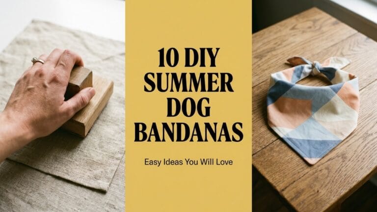 A wide three-panel blog banner featuring a close-up of hand-stamping linen on the left, a geometric bandana on the right, and a soft mustard yellow center block with bold black typography reading 10 DIY SUMMER DOG BANDANAS Easy Ideas You Will Love.