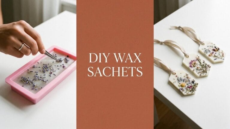 A wide three-panel banner showing a hand arranging flowers in a mold, a terracotta block reading DIY WAX SACHETS, and finished sachets on a table.