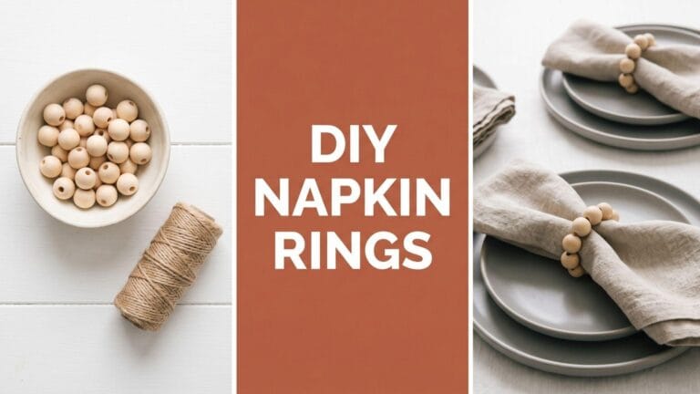 A wide aesthetic three-panel blog banner showing a flat lay of loose wooden beads on the left, finished napkin rings on a styled table on the right, and a soft terracotta text box.