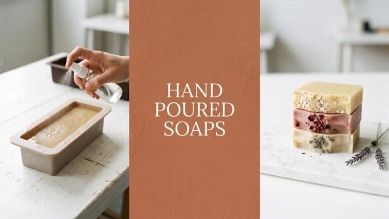 A wide three-panel banner showing a hand spraying alcohol on soap, a terracotta block reading HAND POURED SOAPS, and finished soap bars on a table.