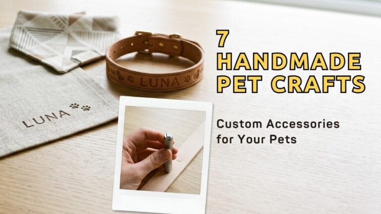 A wide blog banner reading 7 HANDMADE PET CRAFTS Custom Accessories for Your Pets showcasing a stamped leather collar, a geometric bandana, and a linen mat on an oak table next to a polaroid snapshot.